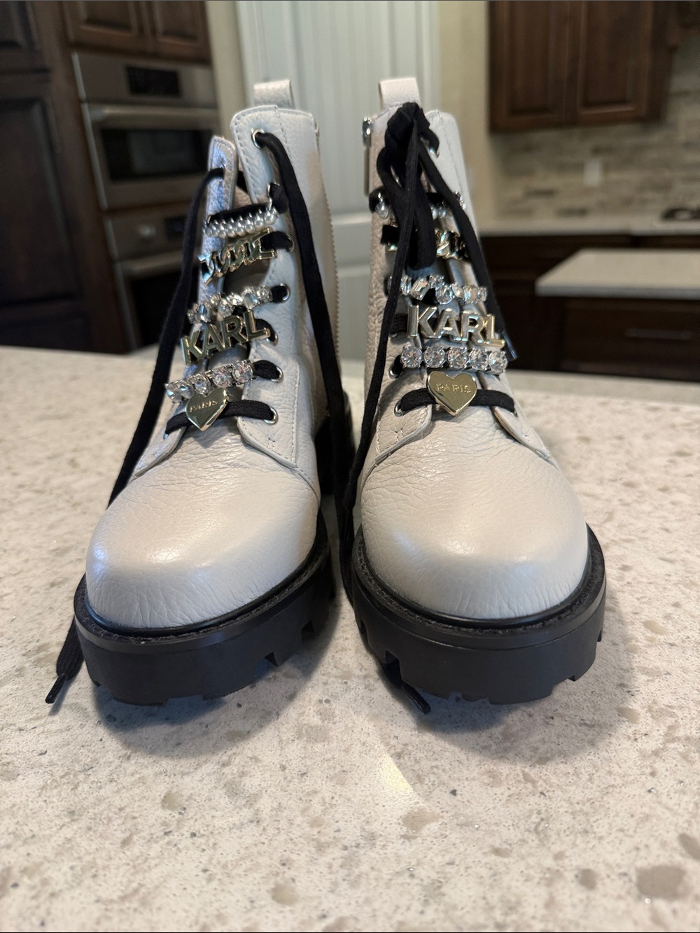 Karl Lagerfeld White Leather Combat Boots with Crystal Accents